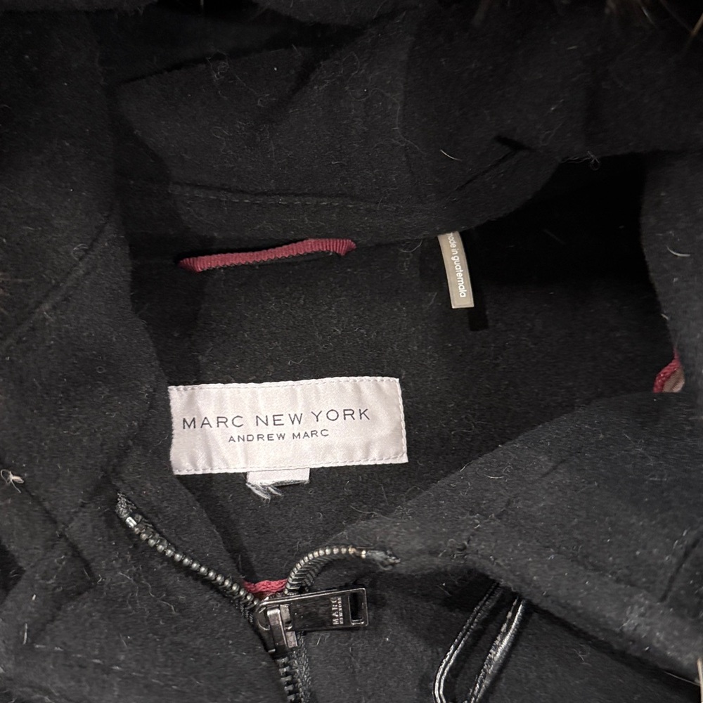 MARC New York Coat Coyote Fur Trimmed Hooded Black Wool Cashmere Coat Size XL - Picture 6 of 12
